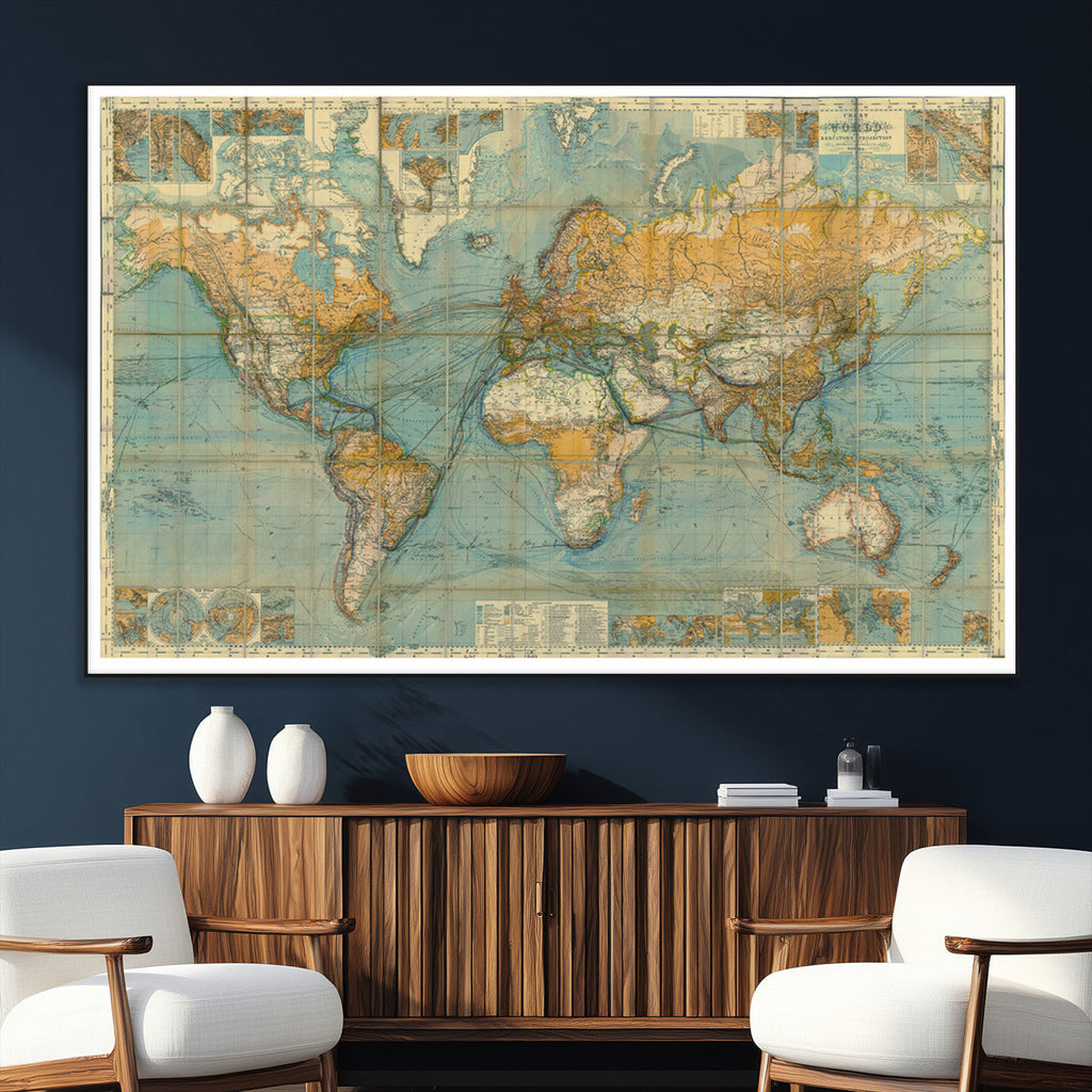 Push Pin World Map Canvas Print | Travel Tracker Wall Art for Couples