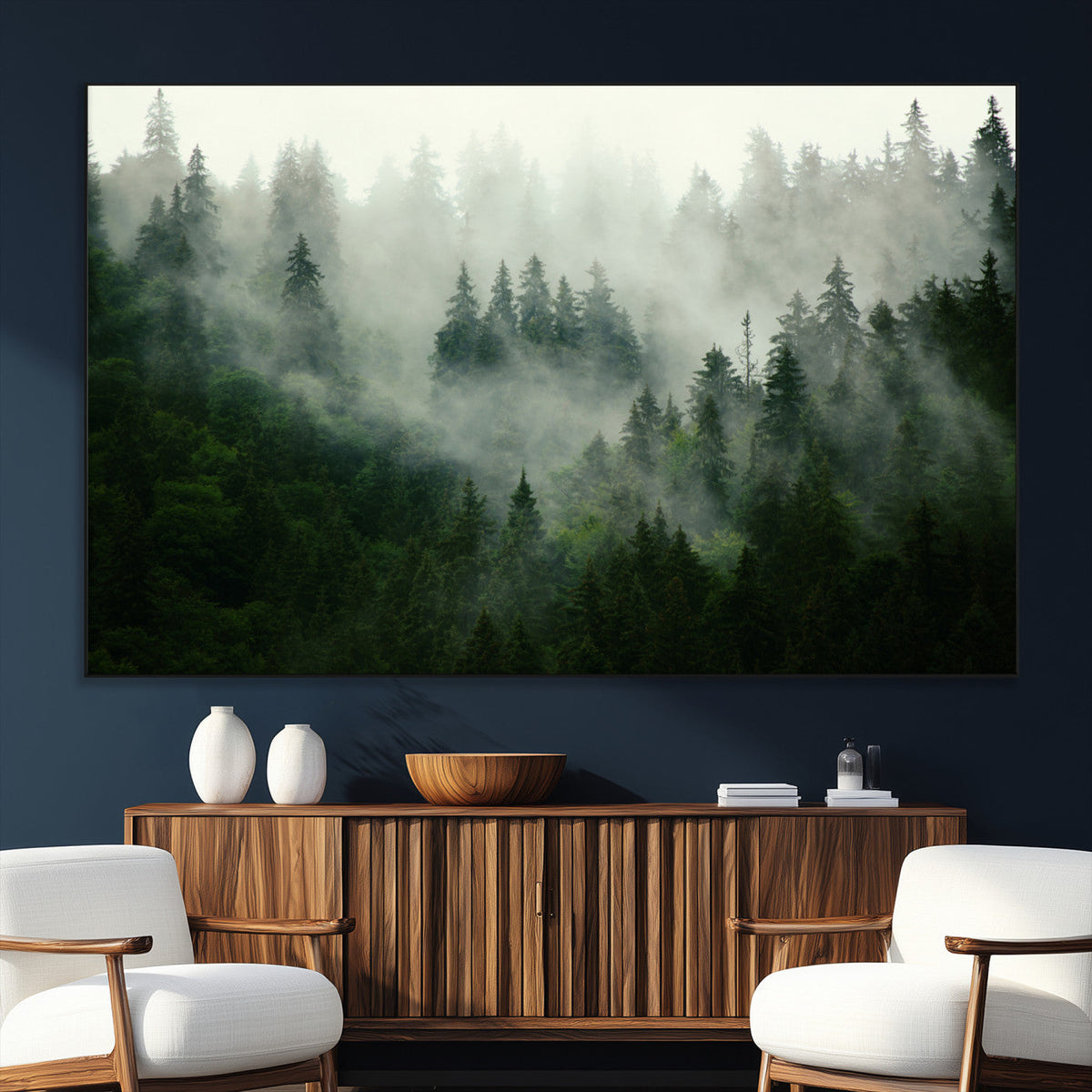 Misty Forest Wall Art | Tranquil Green Woodland Canvas Print