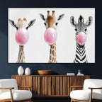 Bubblegum Animals Canvas Wall Art, Playful Giraffe and Zebra Trio, Whimsical Nursery and Kids Room Decor