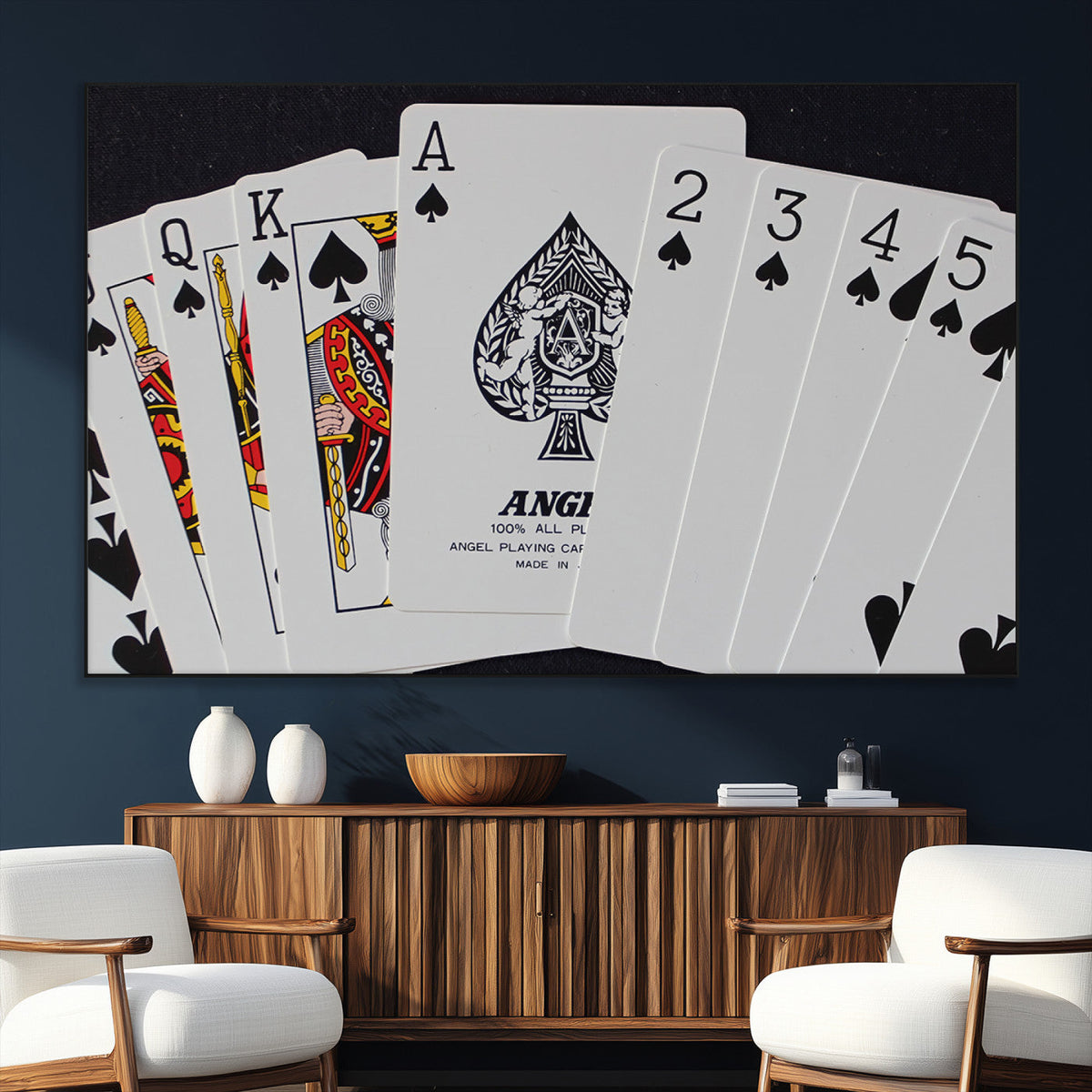 Poker Wall Art - Playing Cards Canvas Wall Art Print - Ace of Spades and Royal Flush Design