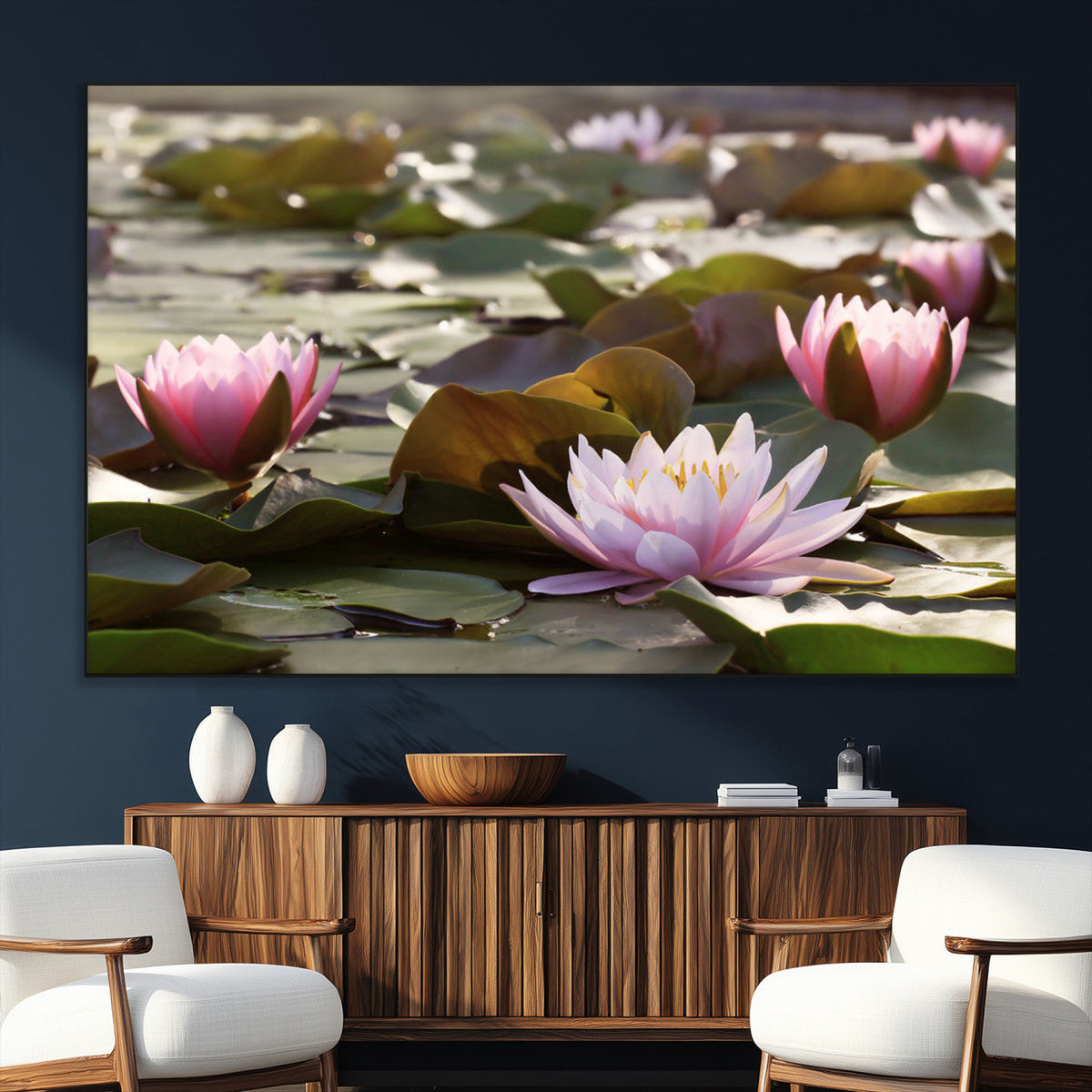 Lotus Flower Wall Art Canvas Print, Water Lily Large Wall Art for Yoga Room Decor