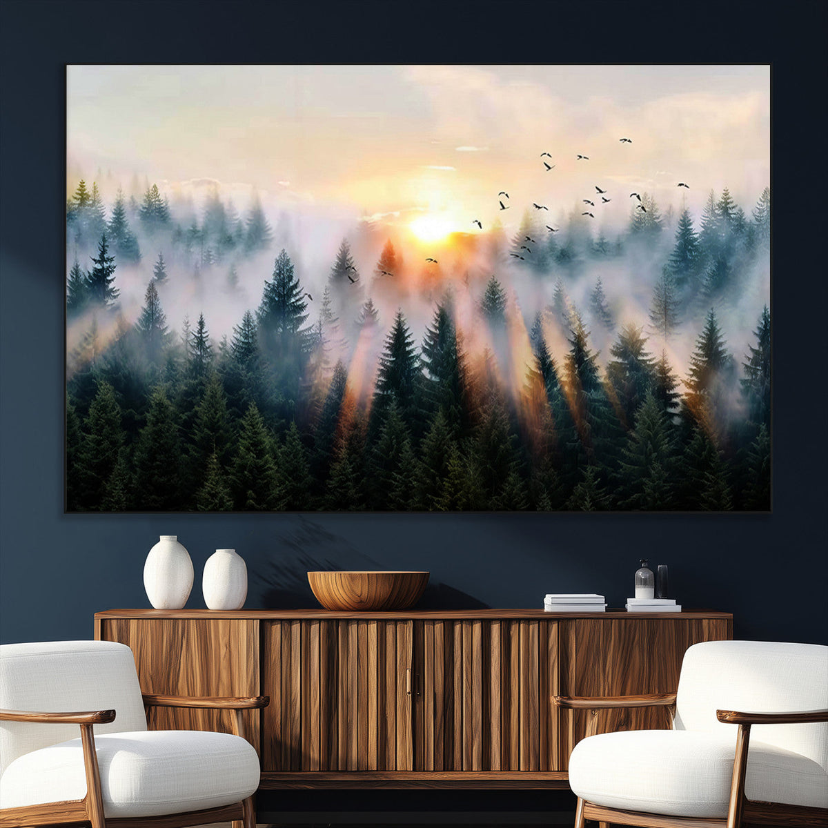 Abstract Forest Wall Art, Serene Nature Canvas Print with Misty Forest Design for Modern Home Decor