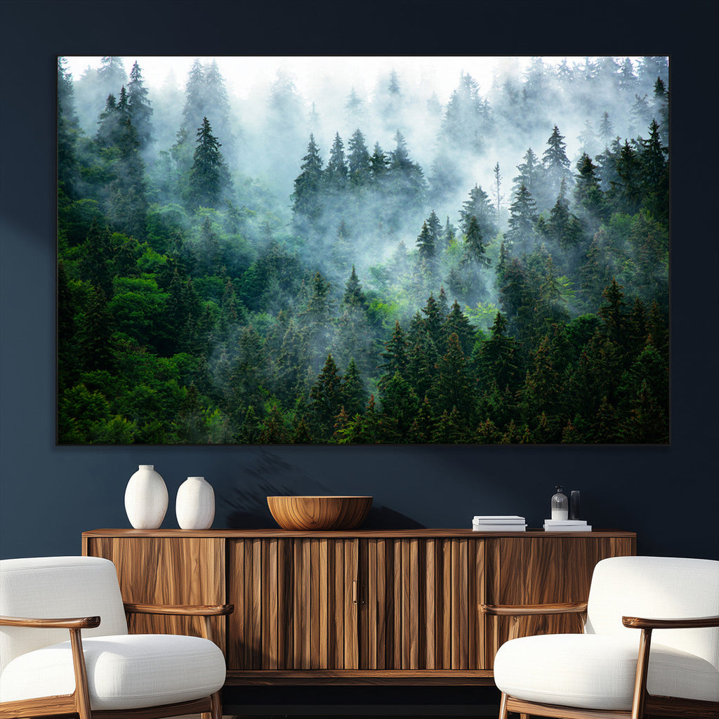 Misty Forest Wall Art Canvas Print, Framed Foggy Mountain Art, Large Scenic Woodland Canvas
