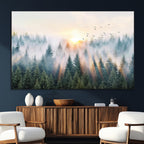 Misty Pine Forest Wall Art Canvas, Sunrise Over Foggy Trees