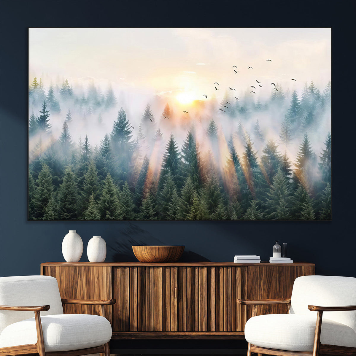 Misty Pine Forest Wall Art Canvas, Sunrise Over Foggy Trees