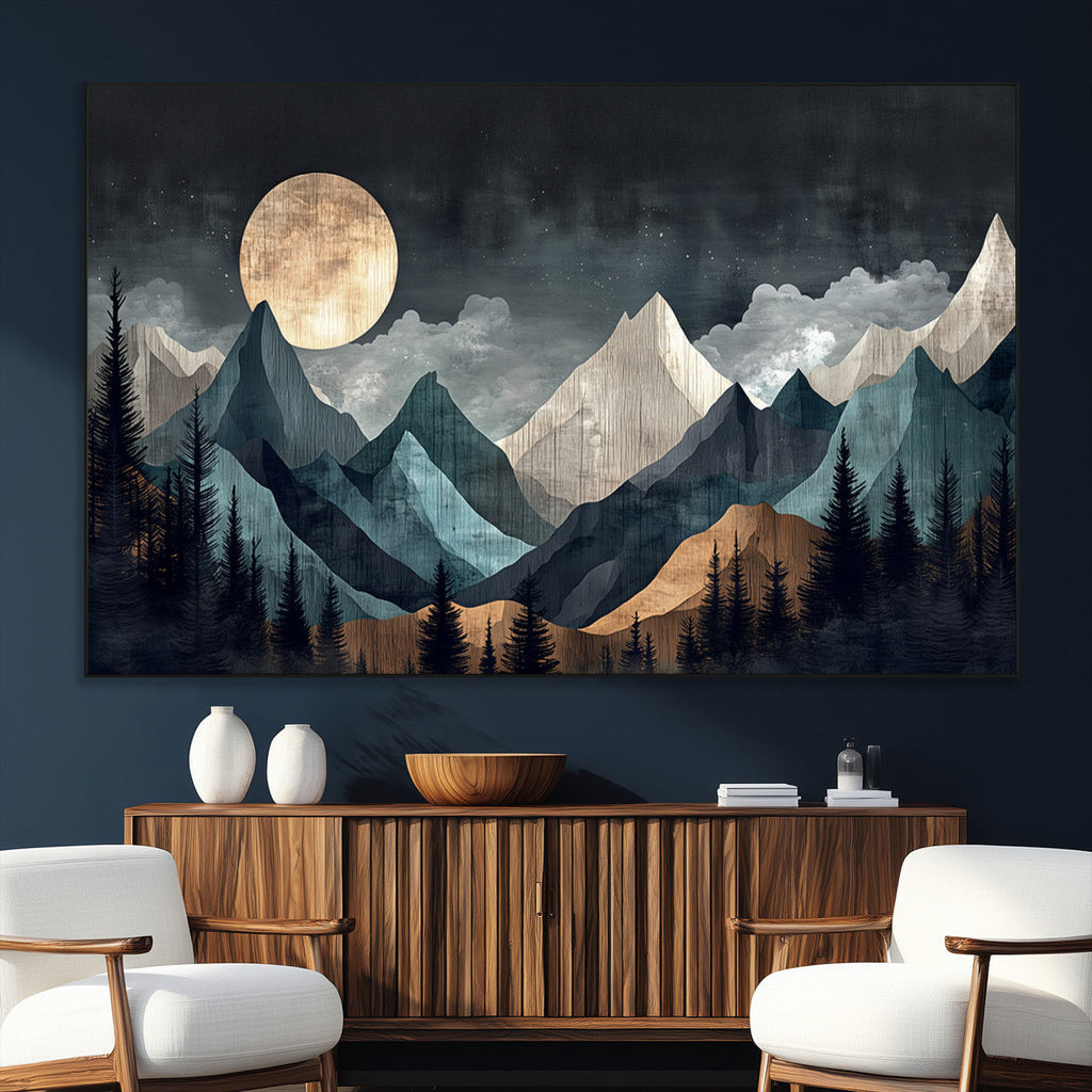 Moonlit Mountain Wall Art Canvas Print, Framed Silhouetted Pines Art, Layered Peaks Rustic Decor