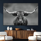 Texas Longhorn Wall Art Canvas Print, Framed Western Bull Photography, Rustic Log Cabin Decor