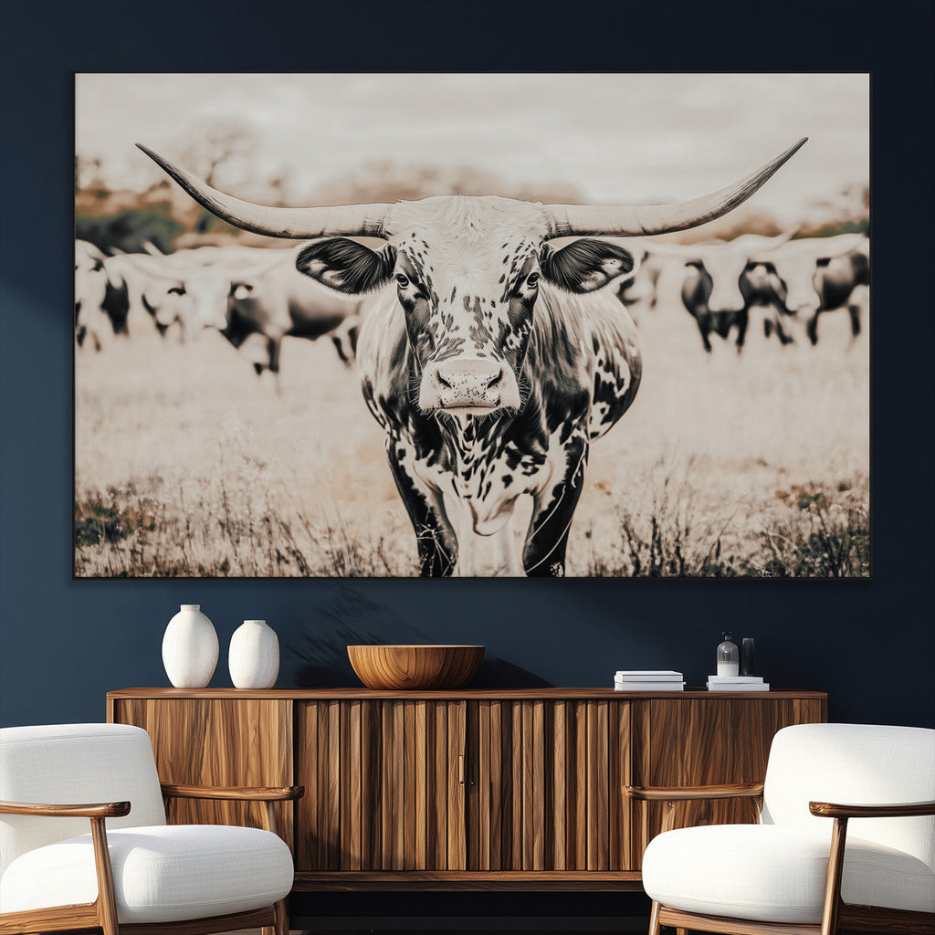 Texas Longhorn Wall Art Canvas Print | Framed Speckled Brown and White Bull
