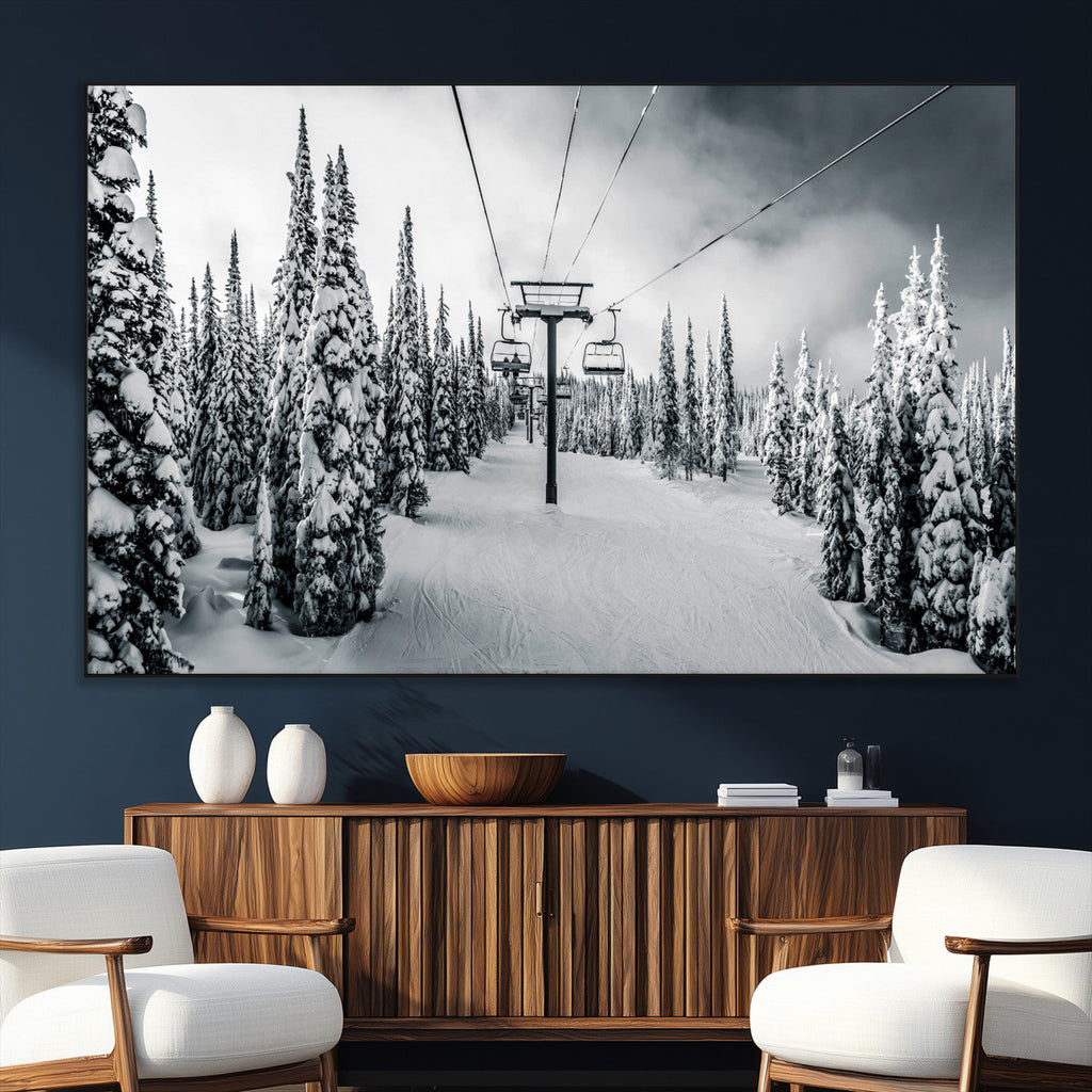 Snowy Pines Wall Art Canvas Print | Ski Lift in a Winter Forest