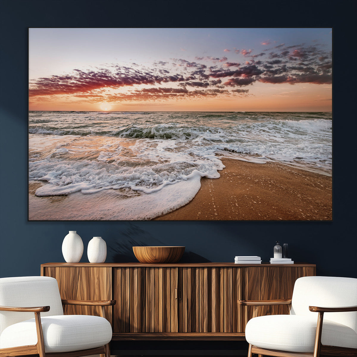 Ocean Sunset Wall Art Canvas Print | Sandy Shore and Gentle Waves