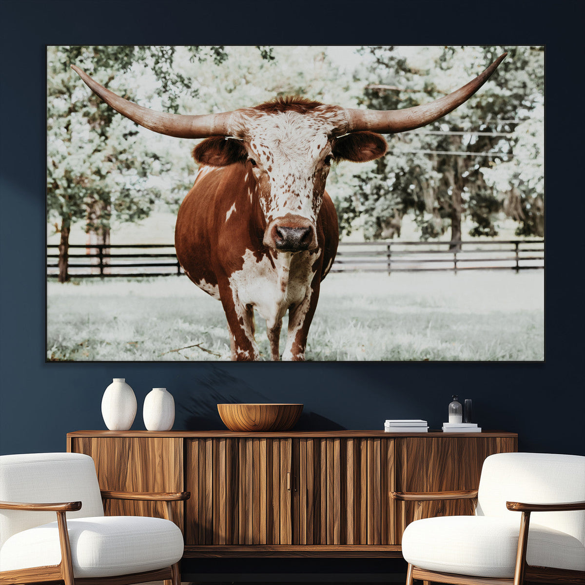 Texas Longhorn Wall Art Canvas Print | Framed Spotted Brown and White Bull