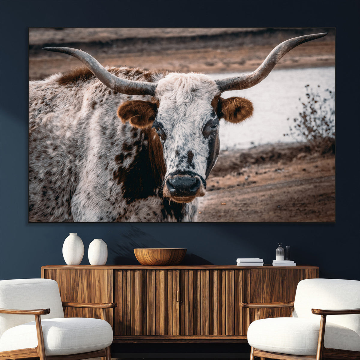 Texas Longhorn Wall Art Canvas Print | Framed Brown and White Spotted Longhorn