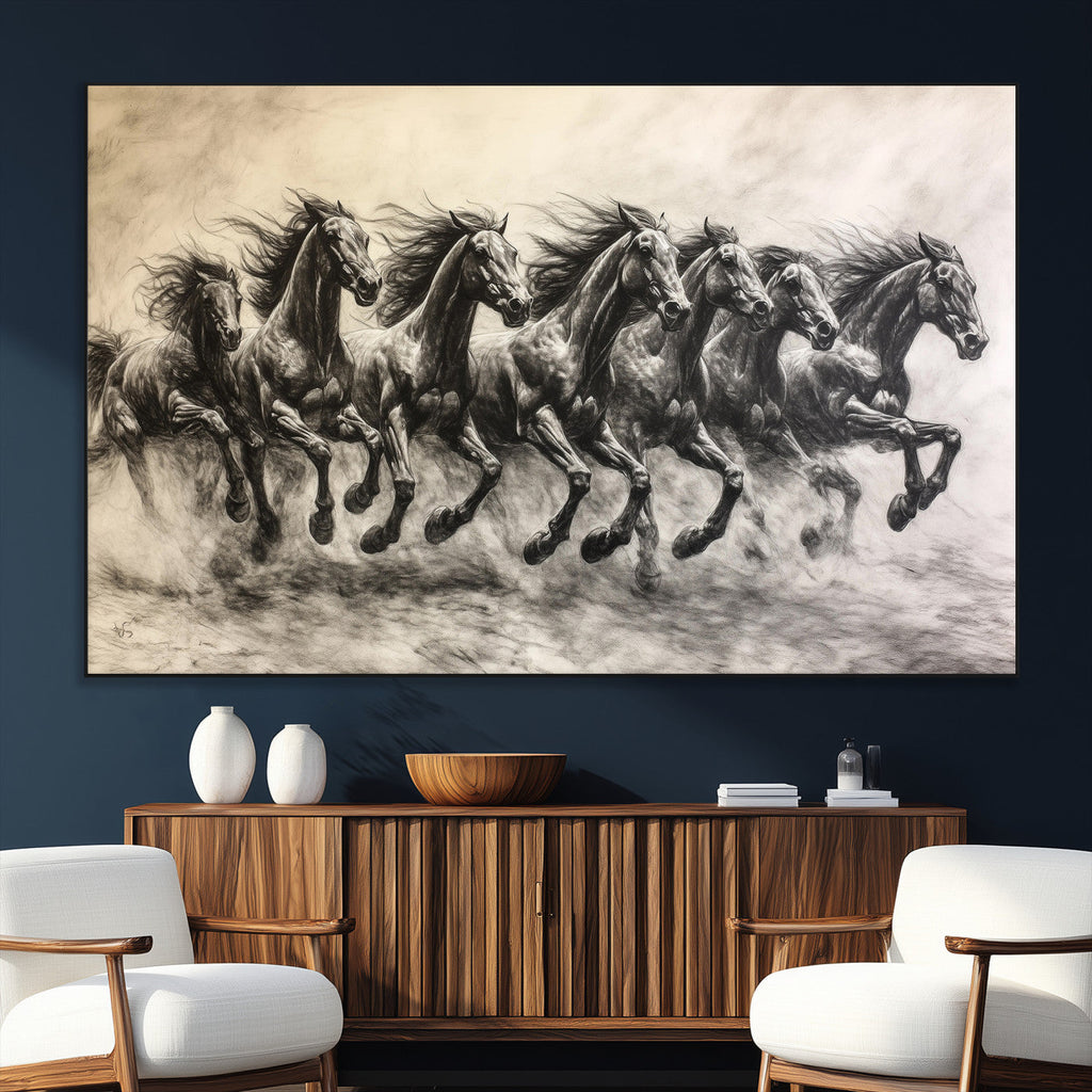 Running Horses Wall Art Canvas Print, Framed Monochrome Galloping Herd Sketch