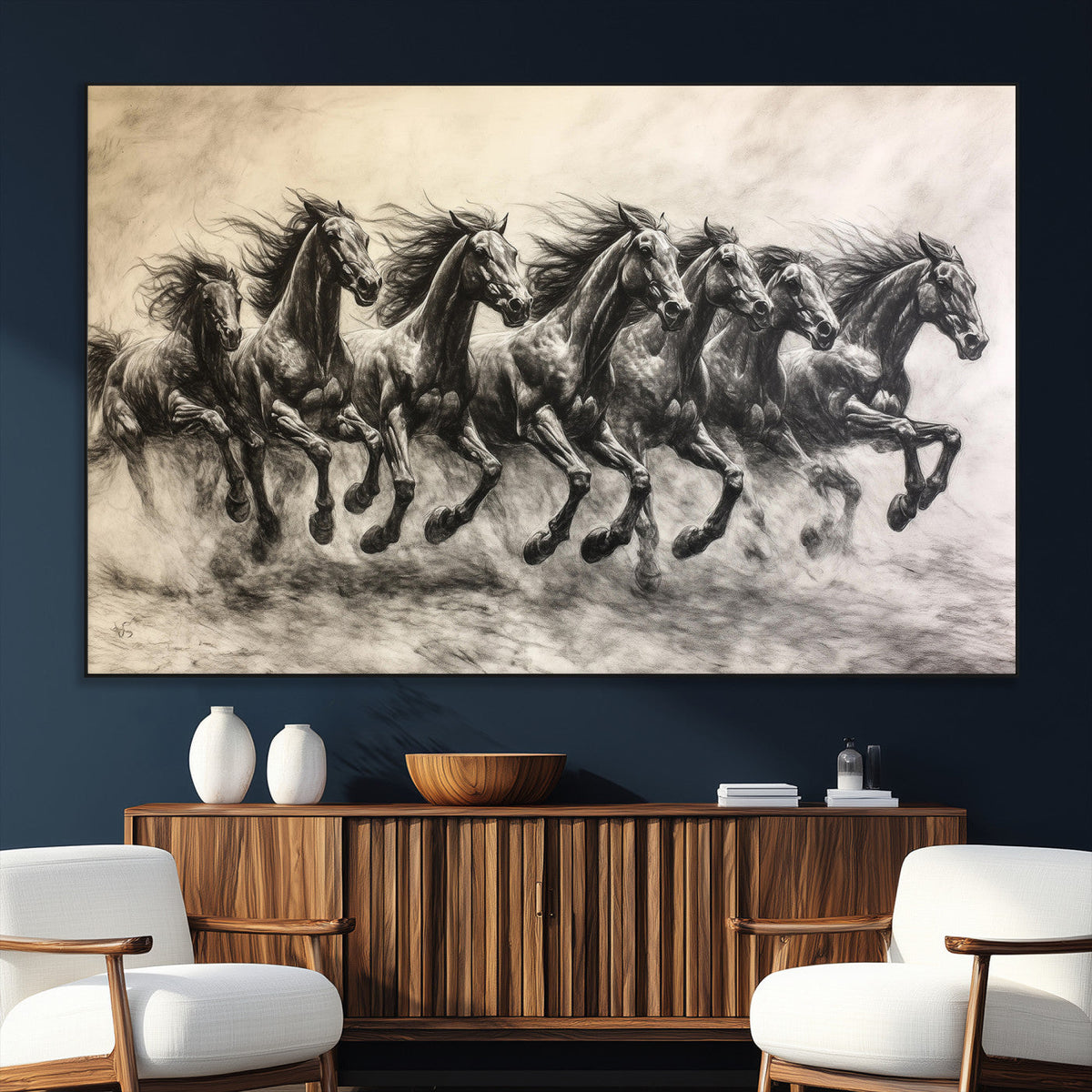 Running Horses Wall Art Canvas Print, Framed Monochrome Galloping Herd Sketch