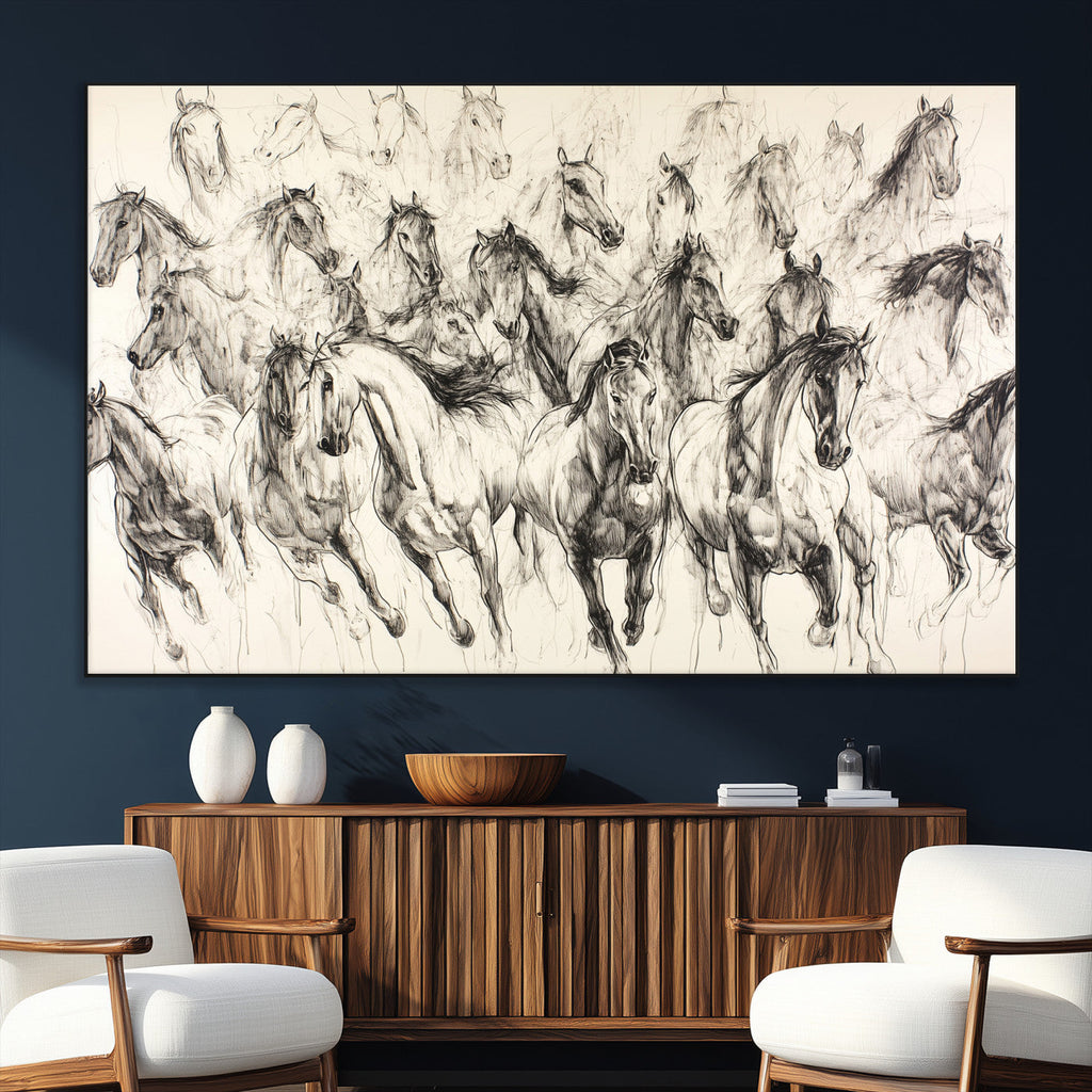 Abstract Horse Wall Art Canvas Print, Framed Horse Sketch with Galloping Herd