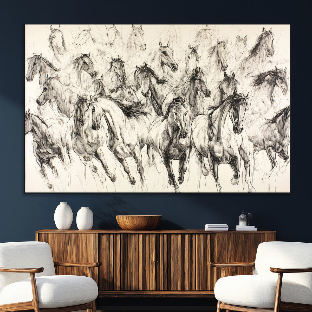 Abstract Horse Wall Art Canvas Print, Framed Horse Sketch with Galloping Herd