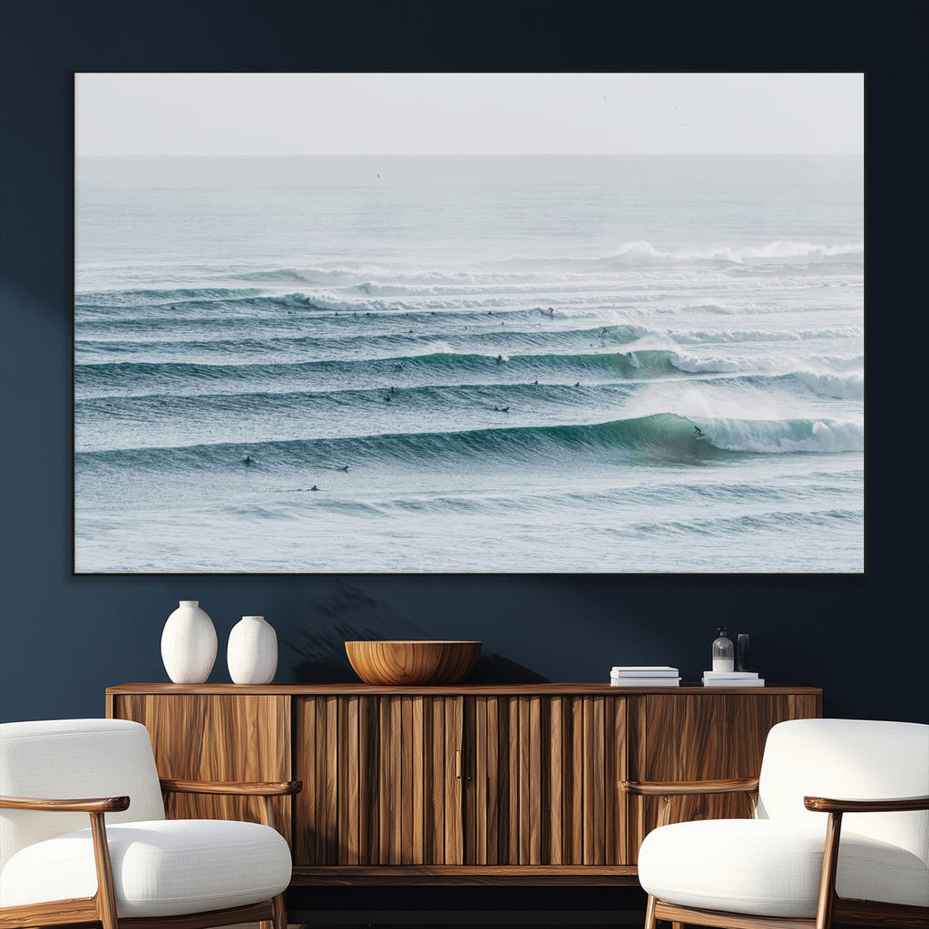 Ocean Waves Wall Art Canvas Print, Framed Surfer Lineup on a Crowded Ocean
