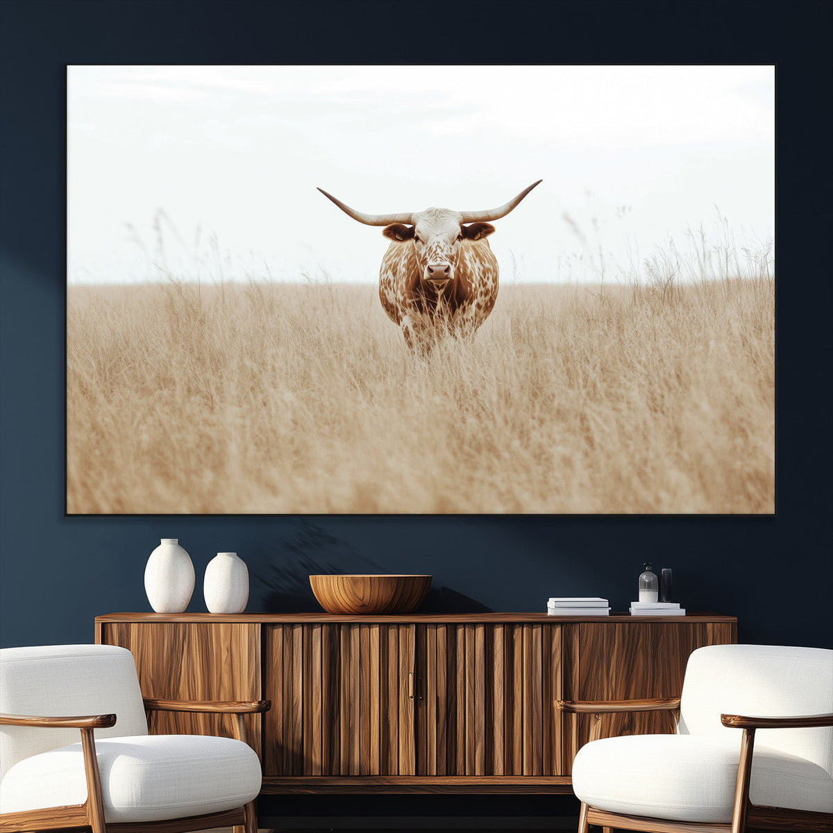 Texas Longhorn Wall Art Canvas Print, Framed Lone Cattle and Longhorn Bull Scene
