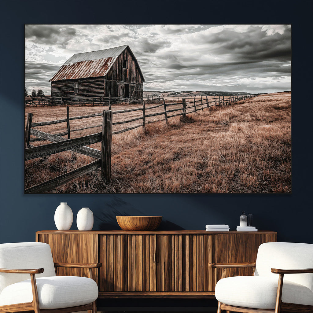 Rustic Barn Wall Art Canvas Print, Framed Moody Field Scene