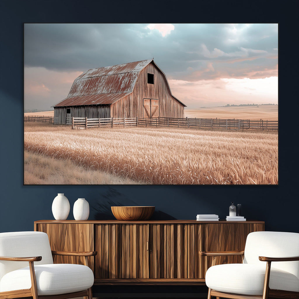 Rustic Barn Wall Art Canvas Print, Framed Wheat Field Scene