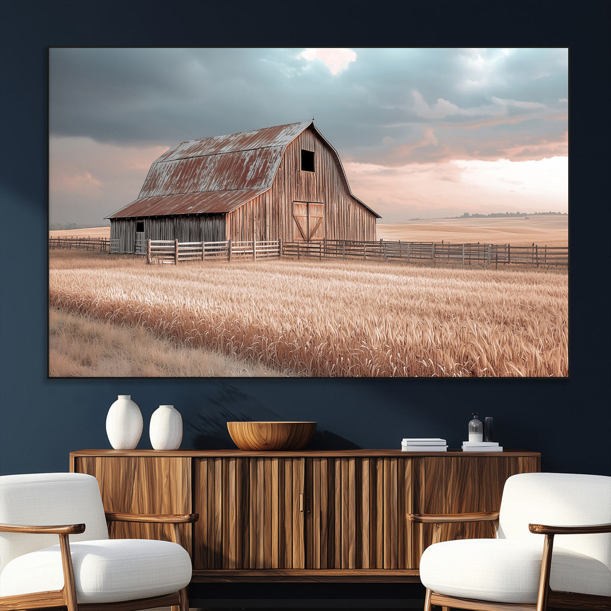 Rustic Barn Wall Art Canvas Print, Framed Wheat Field Scene