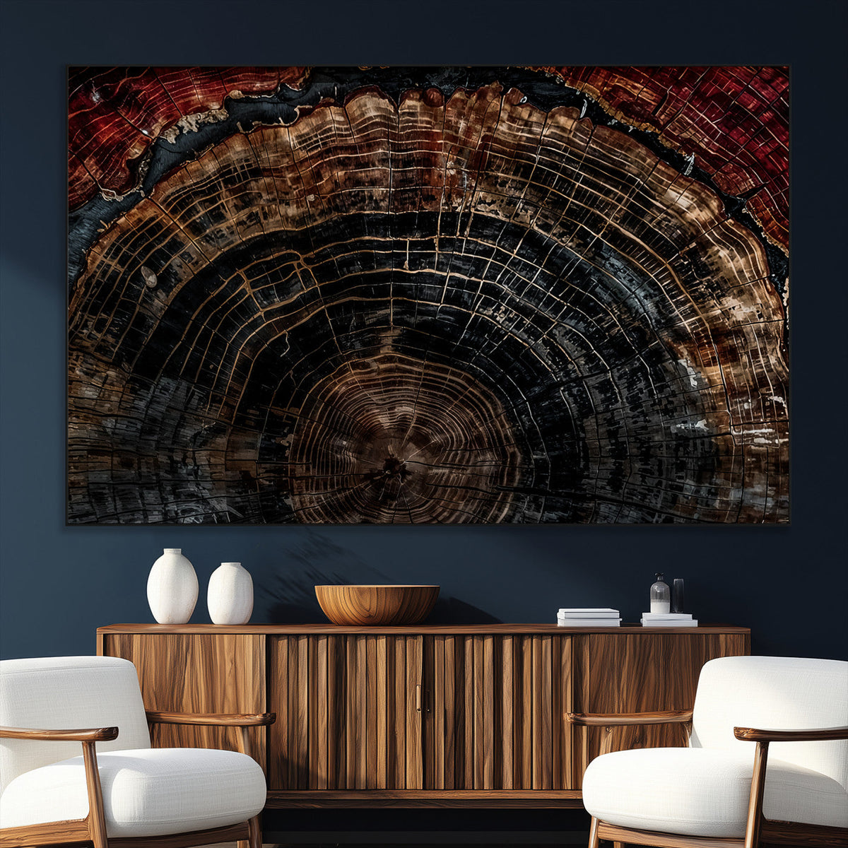 Dark Wood Ring Wall Art Canvas Print, Framed Abstract Tree Slice Print, Rustic Wood Grain Decor