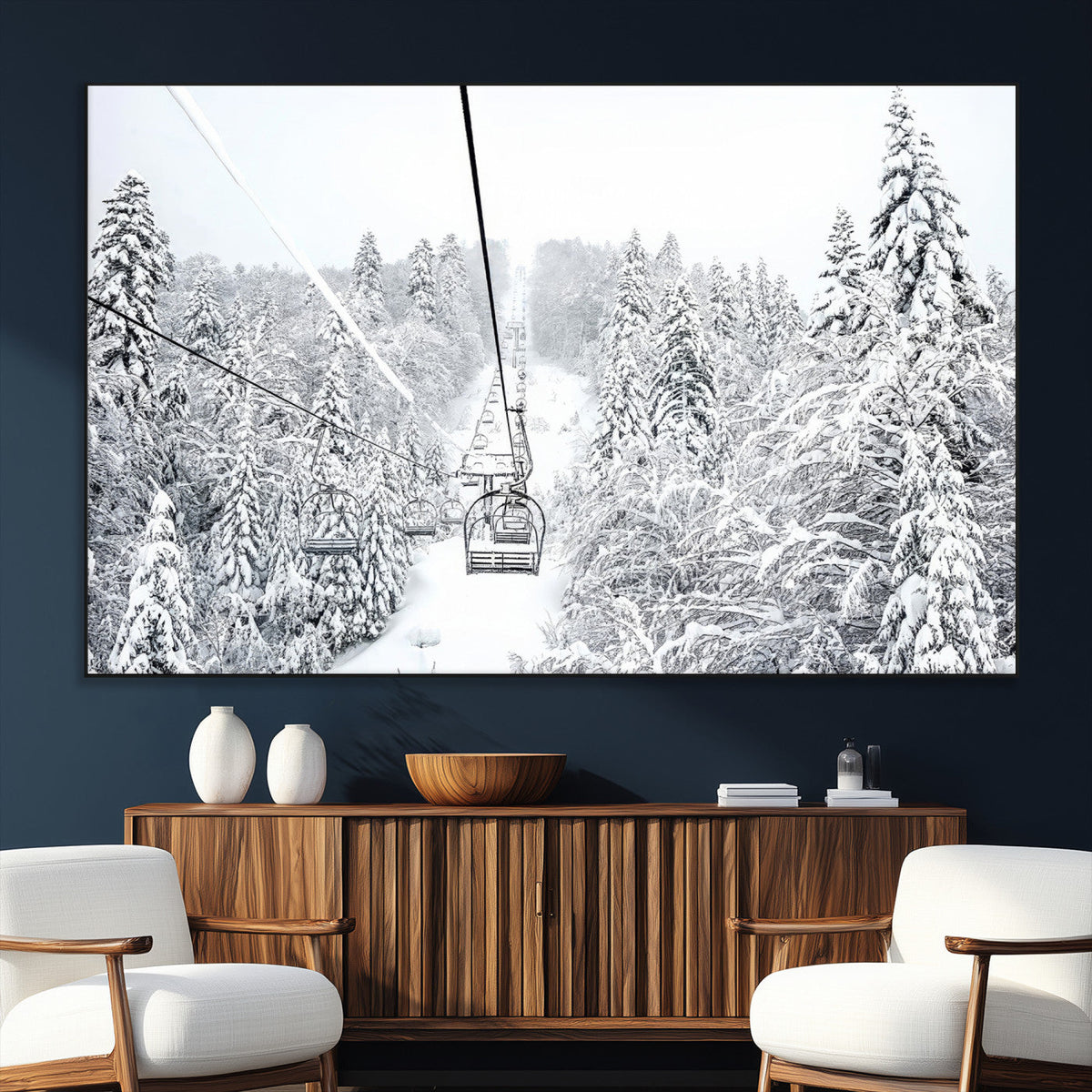 Snowy Ski Lift Wall Art | Framed Winter Mountain Canvas