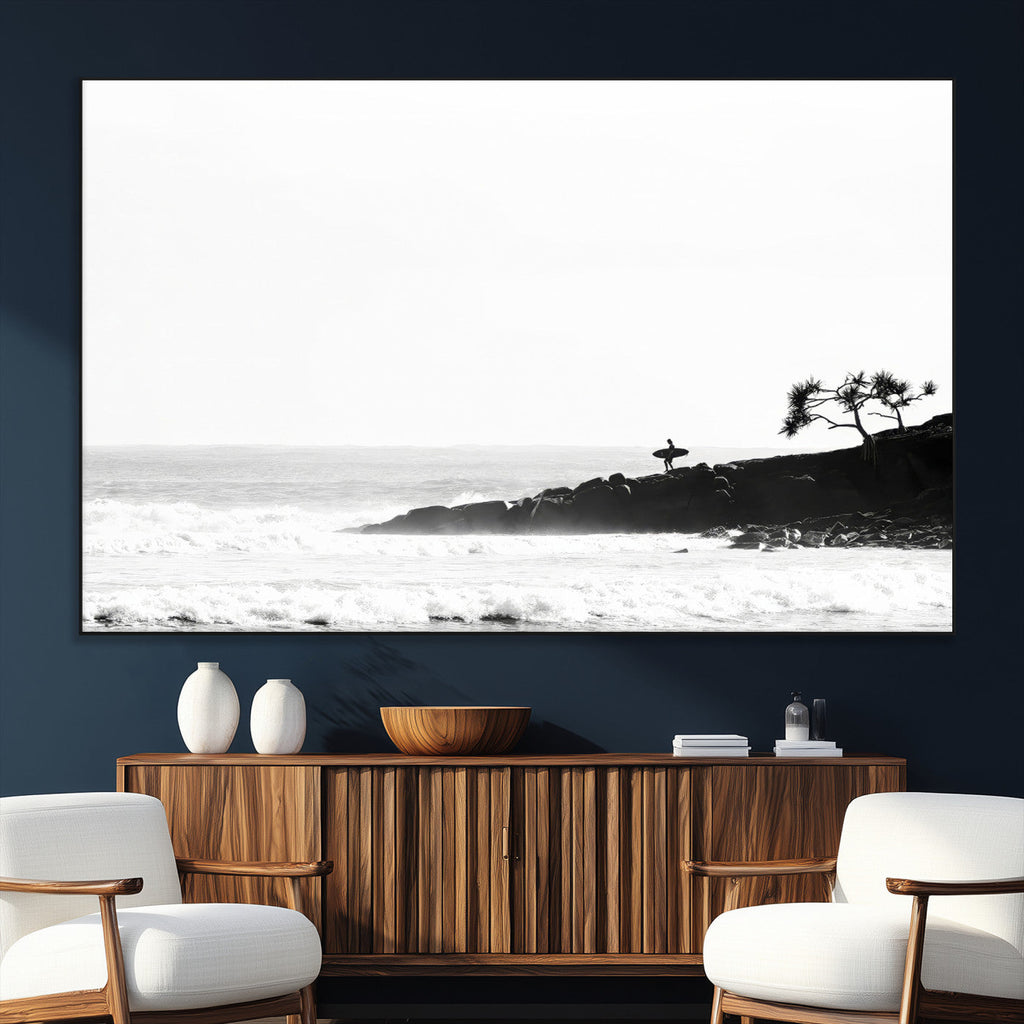 Surfer Cliffs Wall Art Canvas Print, Framed Black White Beach and Ocean Waves