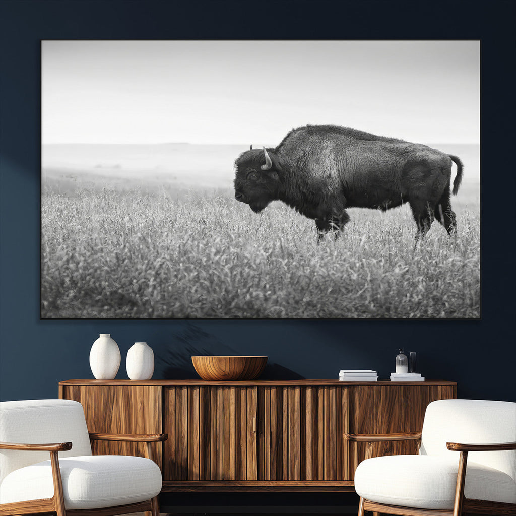 Bison Wall Art Canvas Print, Framed Rustic Wildlife Scene with Wild Buffalo