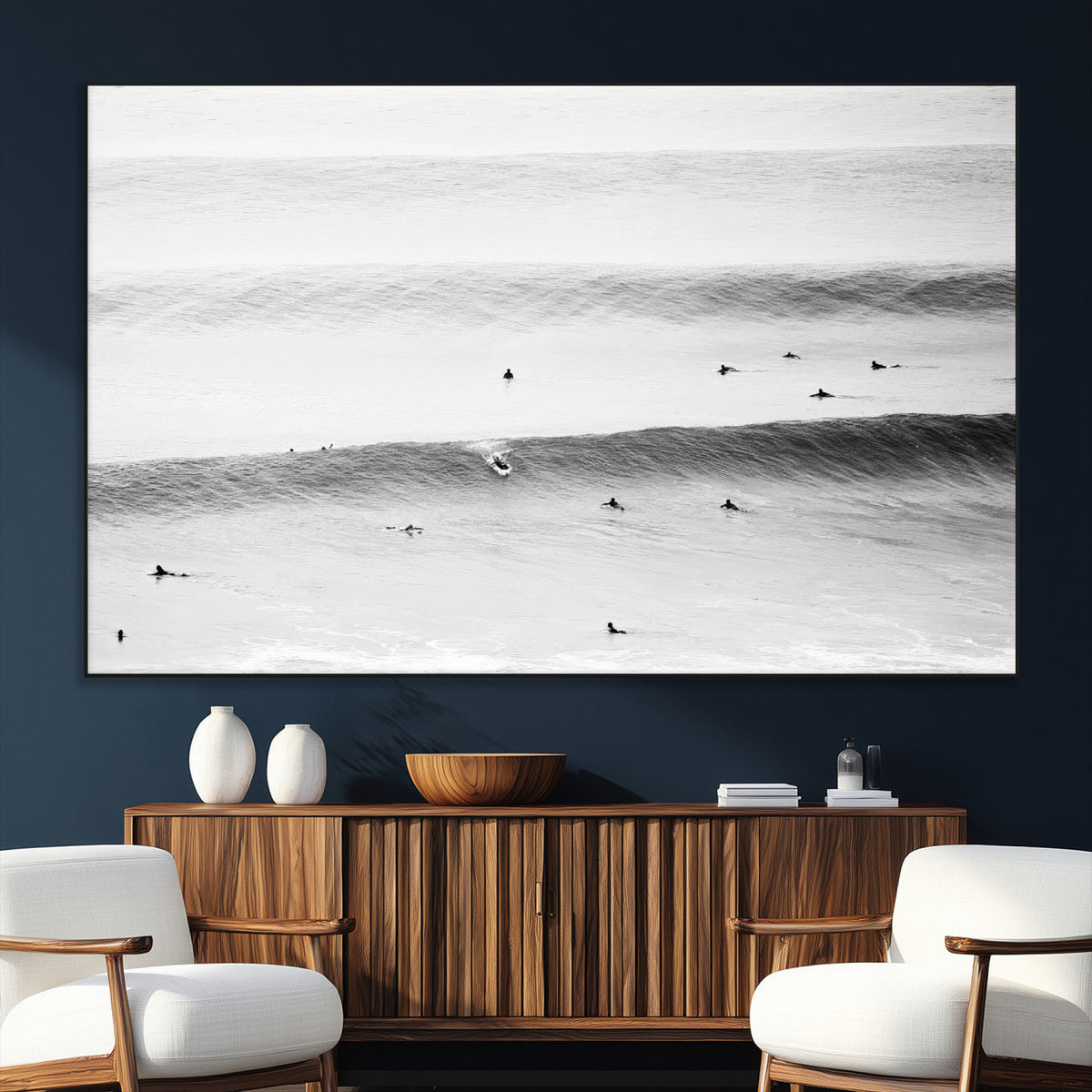 Black White Ocean Wall Art Canvas Print, Framed Coastal Sport and Ocean Swimmers Scene
