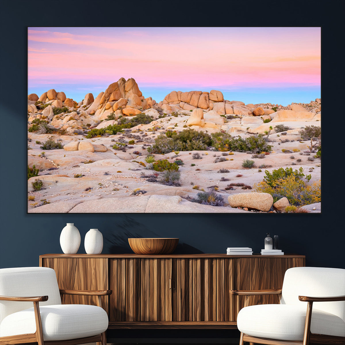 Vibrant Sunset Sky Wall Art Canvas Print, Framed Joshua Tree Desert Artwork