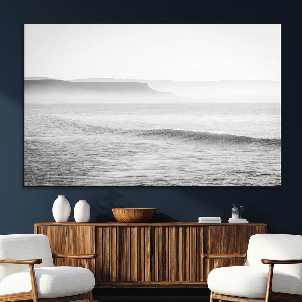 Black and White Seascape Wall Art Canvas Print, Framed Misty Ocean Waves