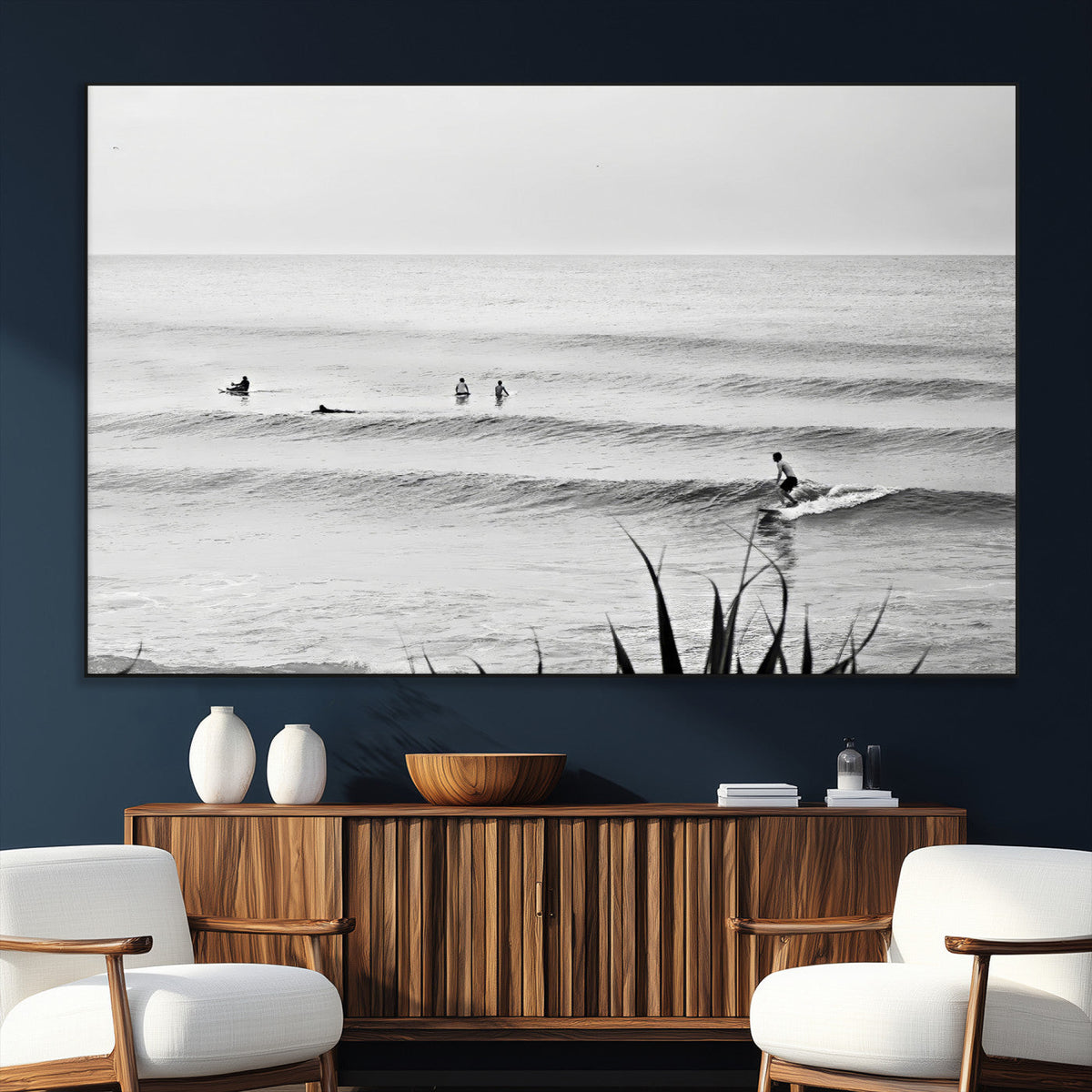 Surfer Silhouette Wall Art | Framed Calm Ocean Canvas