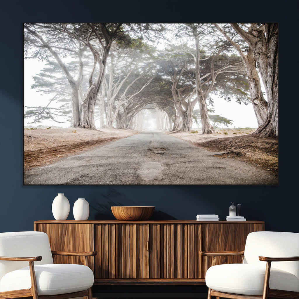 Cypress Tunnel Wall Art | Framed Misty Road Canvas Artwork