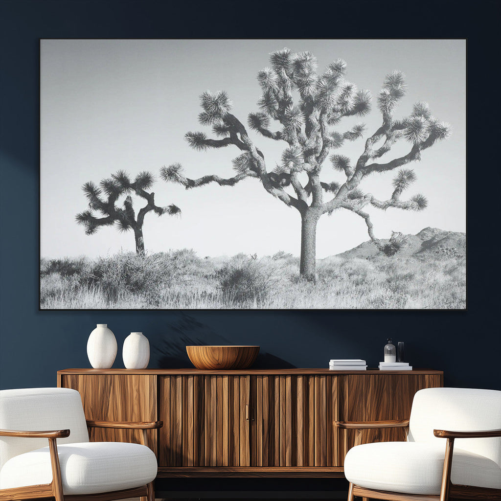 Joshua Tree Wall Art Canvas Print, Framed Black and White Desert Landscape Artwork
