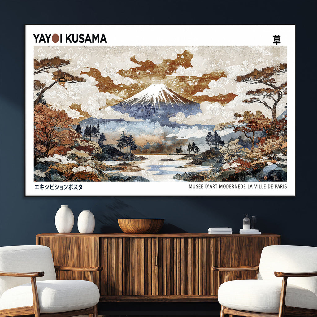 Modern Japanese Wall Art Canvas Print, Framed Abstract Mount Fuji Landscape, Yayoi Kusama Canvas Wall Art