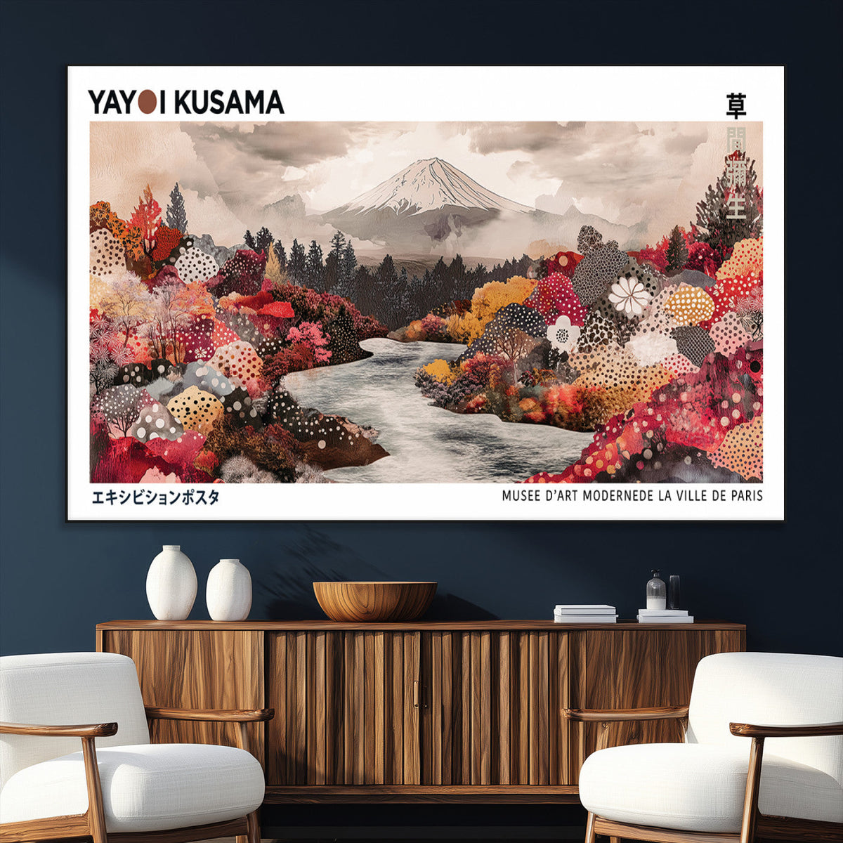 Modern Japanese Wall Art Canvas Print, Framed Abstract Mount Fuji Art, Yayoi Kusama Japanese Landscape