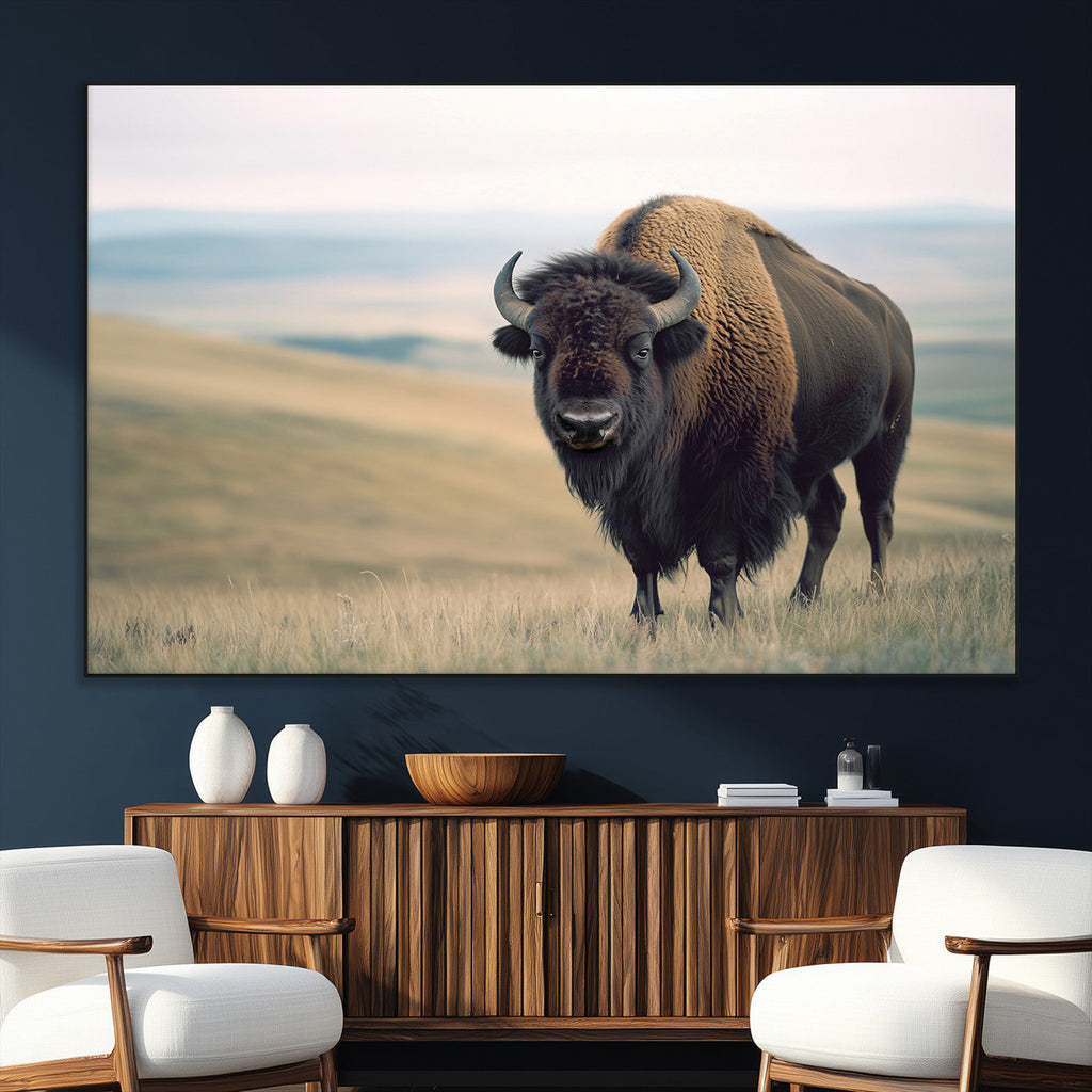 Bison Wall Art Canvas Print, Framed American Buffalo Rustic Western Artwork