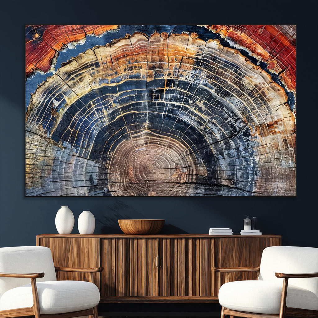 Tree Rings Wall Art Canvas Print, Framed Petrified Wood Modern Rustic