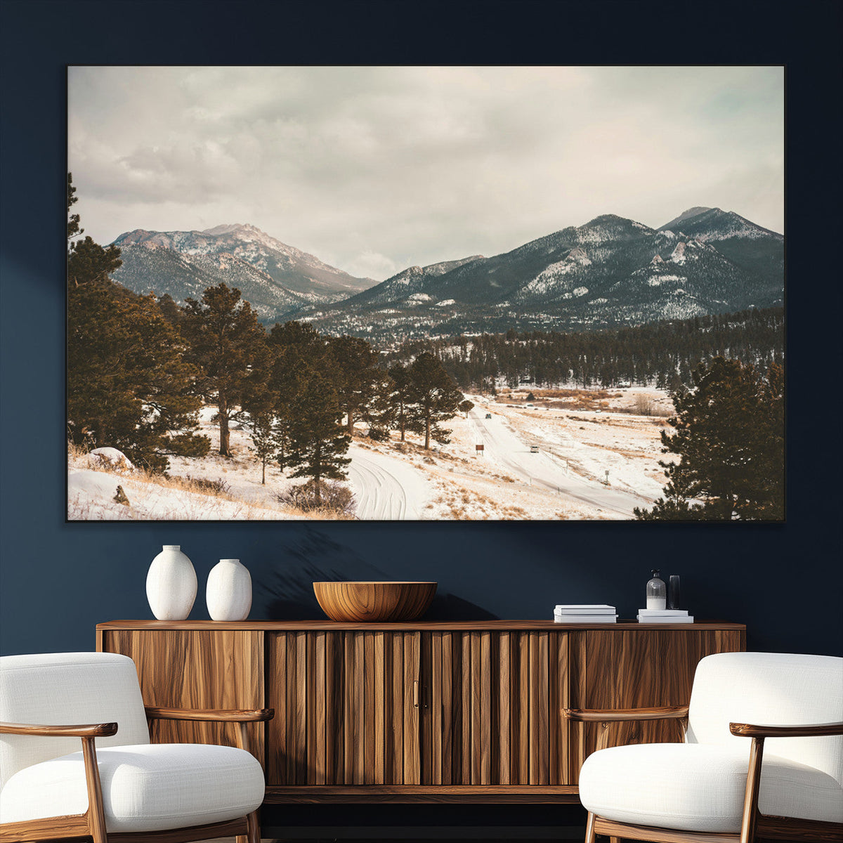 Mountain Landscape Wall Art Canvas Print, Framed Snowy Peaks Alpine Winter
