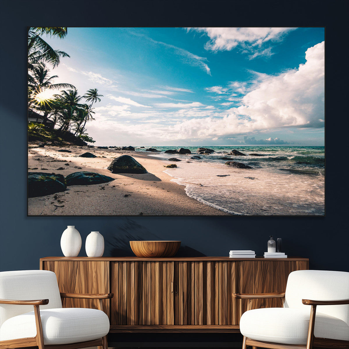 Tropical Beach Wall Art Canvas Print, Framed Ocean Waves Relaxing Seascape