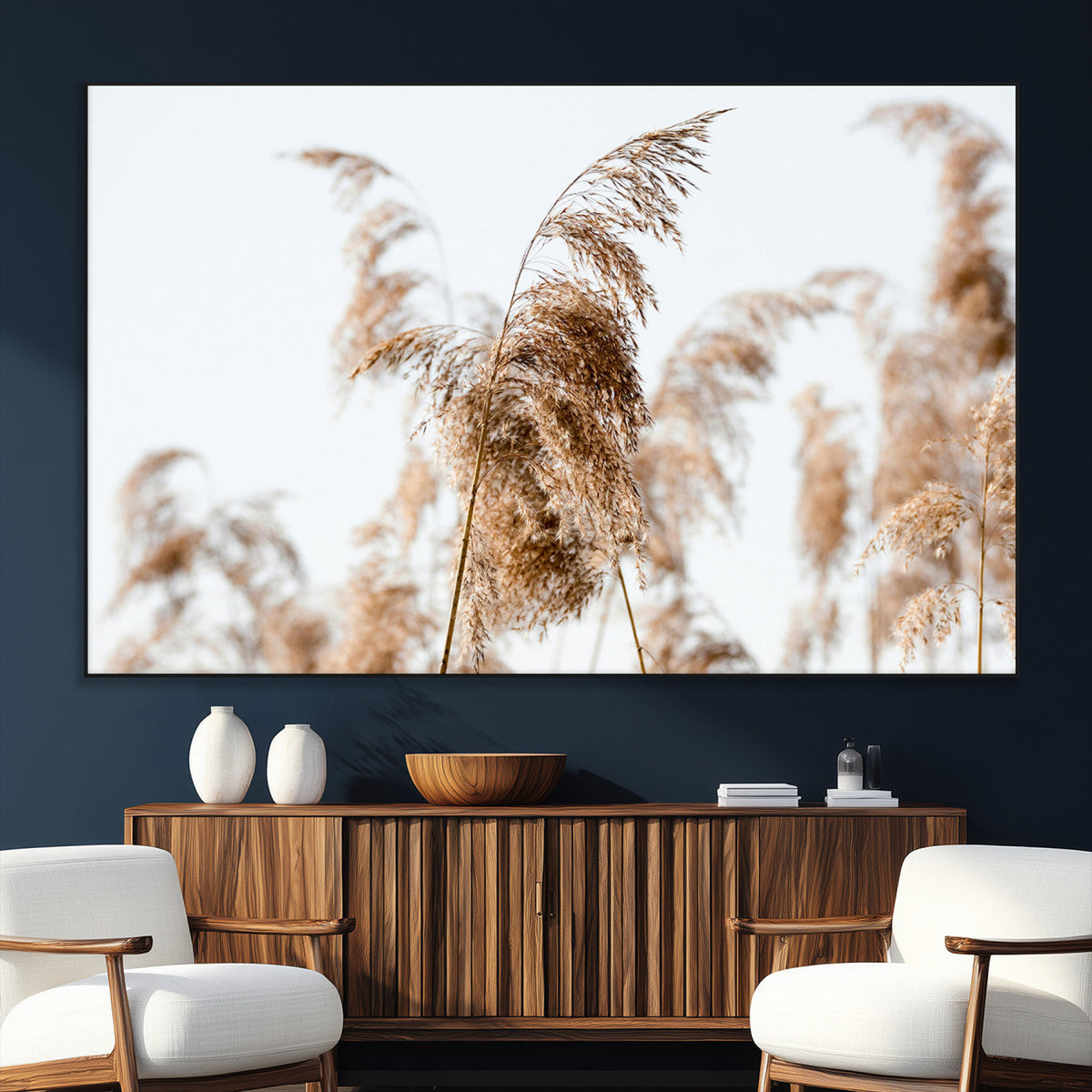 Pampas Grass Wall Art Canvas Print, Framed Neutral Tones Minimalist Boho