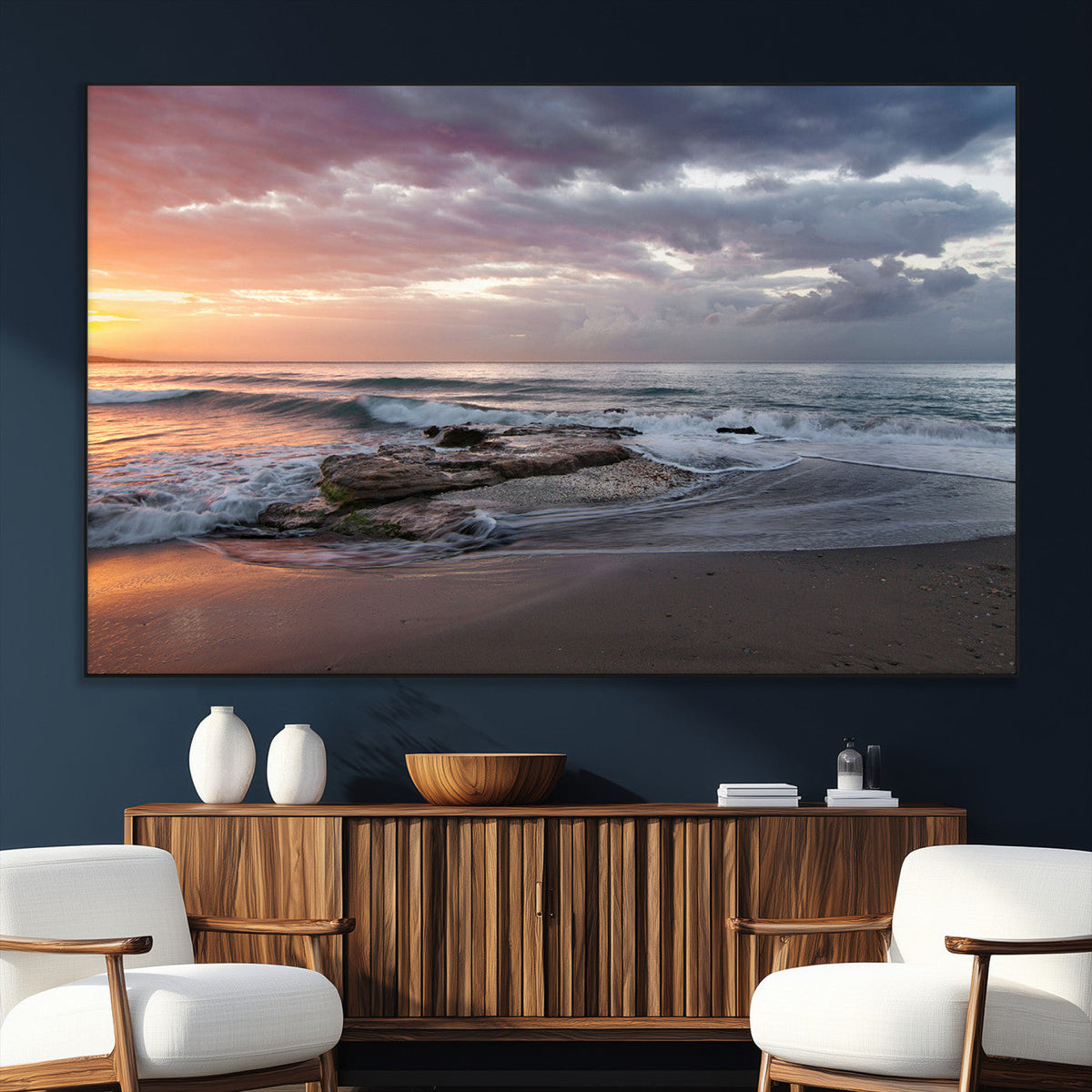 Golden Hour Wall Art Canvas Print, Framed Tranquil Waves Beach Sunset