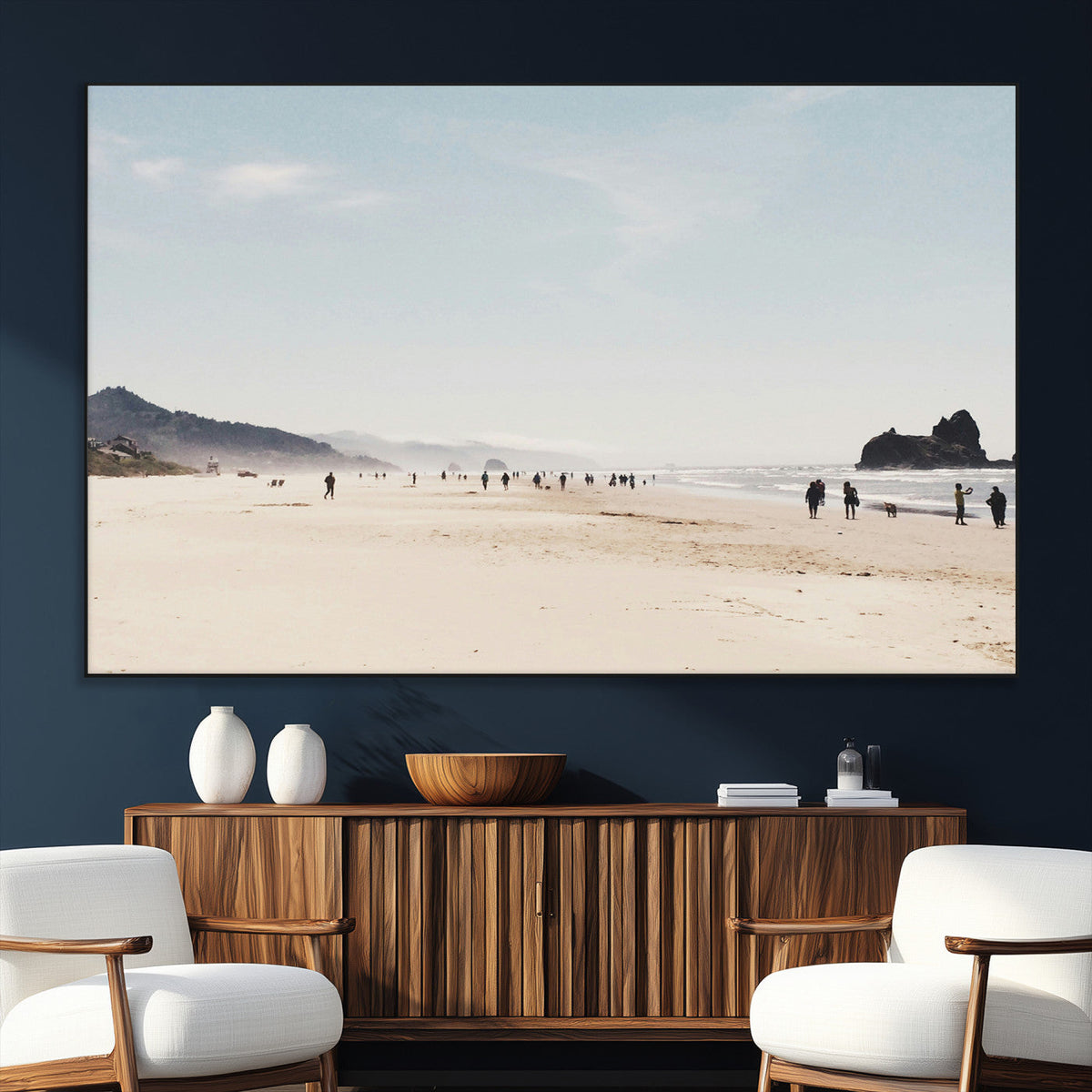 Minimalist Beach Wall Art Canvas Print, Framed Coastal Serenity Soft Sand