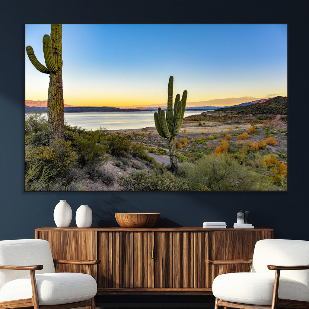 Saguaro Cactus Wall Art Canvas Print, Framed Desert Sunset Southwestern