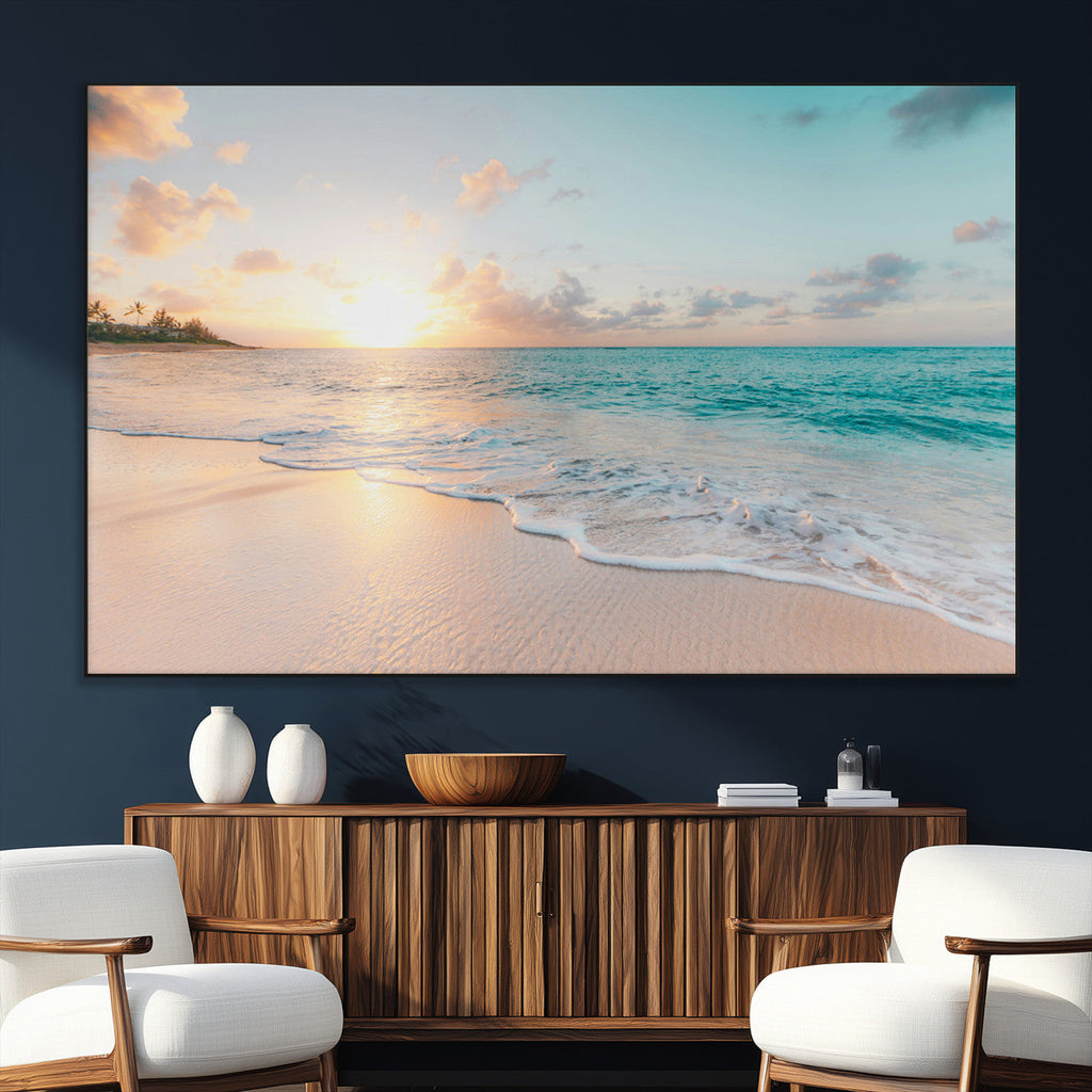Beach Sunset Wall Art Canvas Print, Framed Ocean Waves Summer Escape