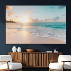 Beach Sunset Wall Art Canvas Print, Framed Ocean Waves Summer Escape