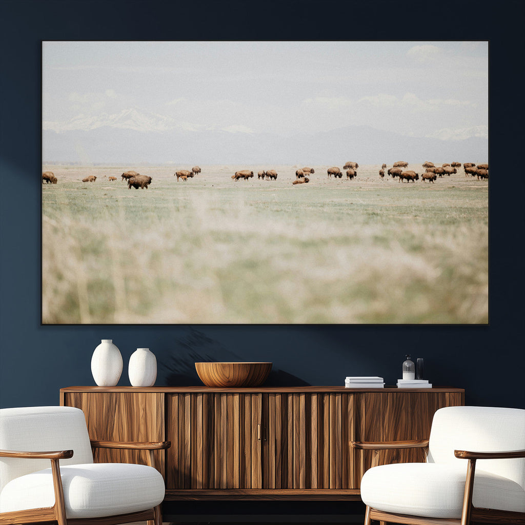 Bison Herd Wall Art Canvas Print, Framed Western Ranch Nature Scene