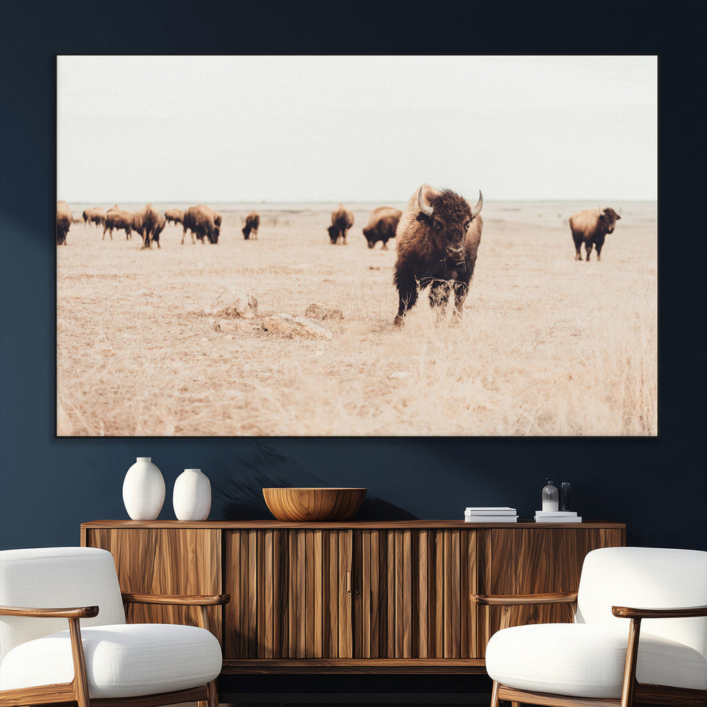 Bison Herd Wall Art Canvas Print, Framed Western Prairie Serenity