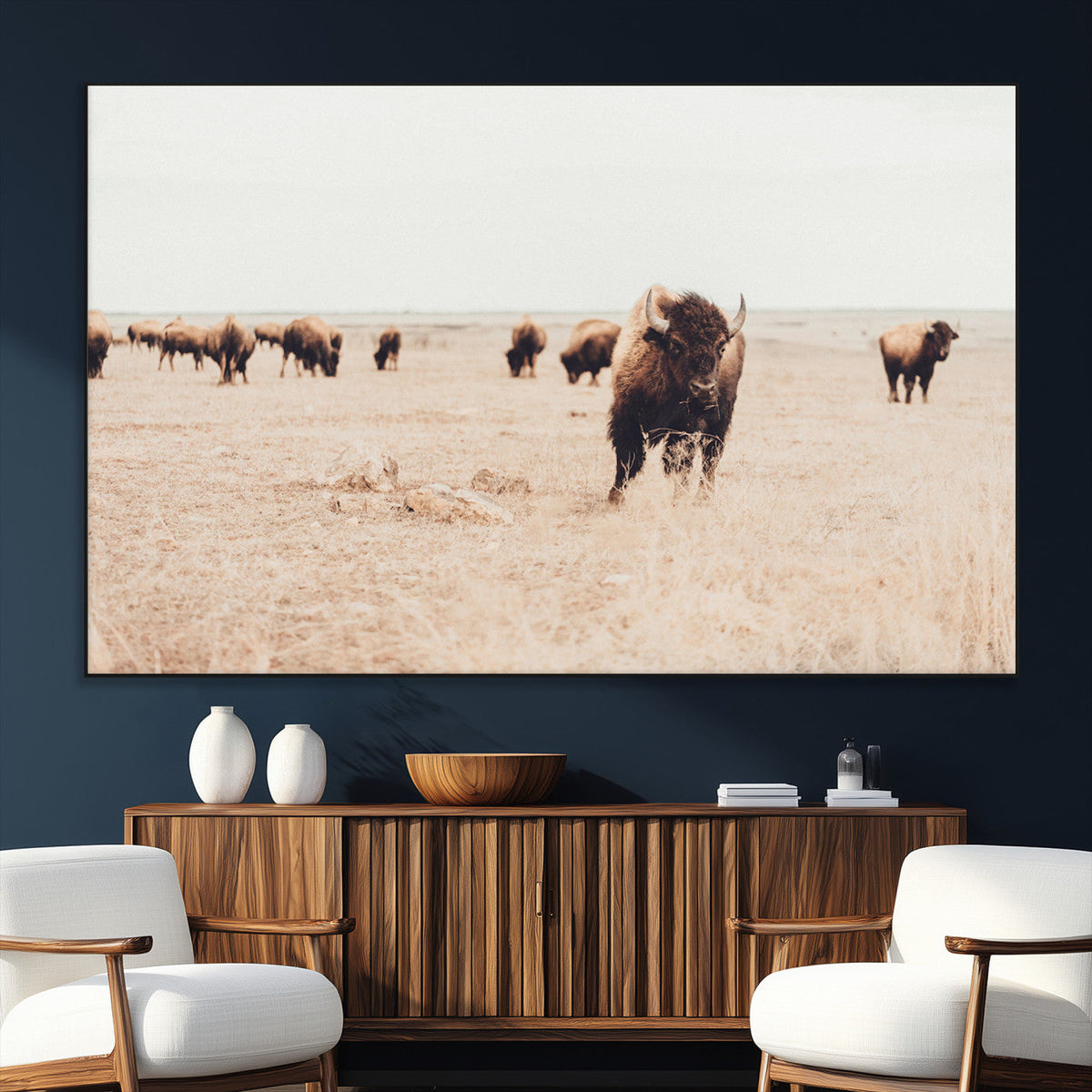 Bison Herd Wall Art Canvas Print, Framed Western Prairie Serenity